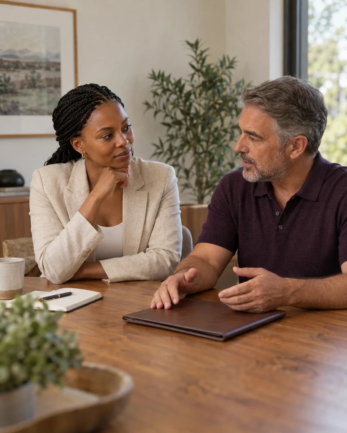 Illustrative scene of an advisor and client in conversation at a table.