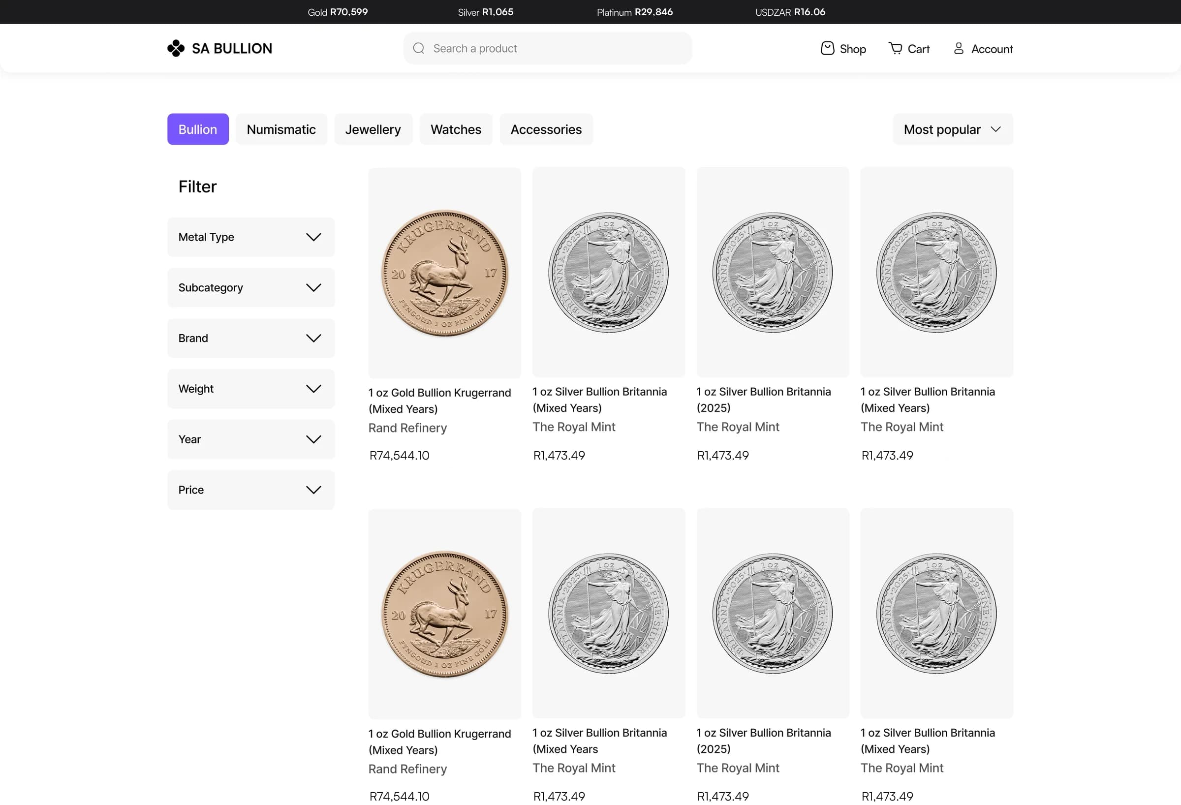 The SA Bullion shop, with the live gold, silver, platinum and rand ticker across the top and a price on every product.