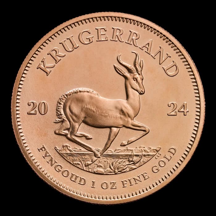 A 1 oz gold Krugerrand, springbok side.